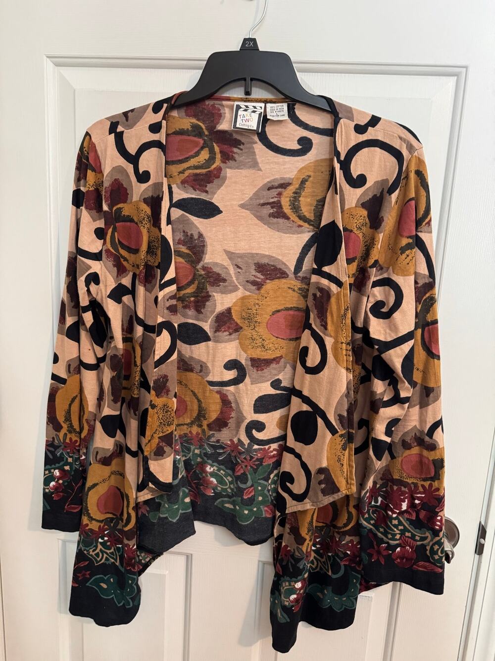 Take Two Clothing Co. Vintage Artsy Boho Floral Cotton Cardigan Pink Tan L